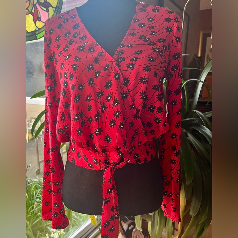 Express Red Floral Wrap Blouse